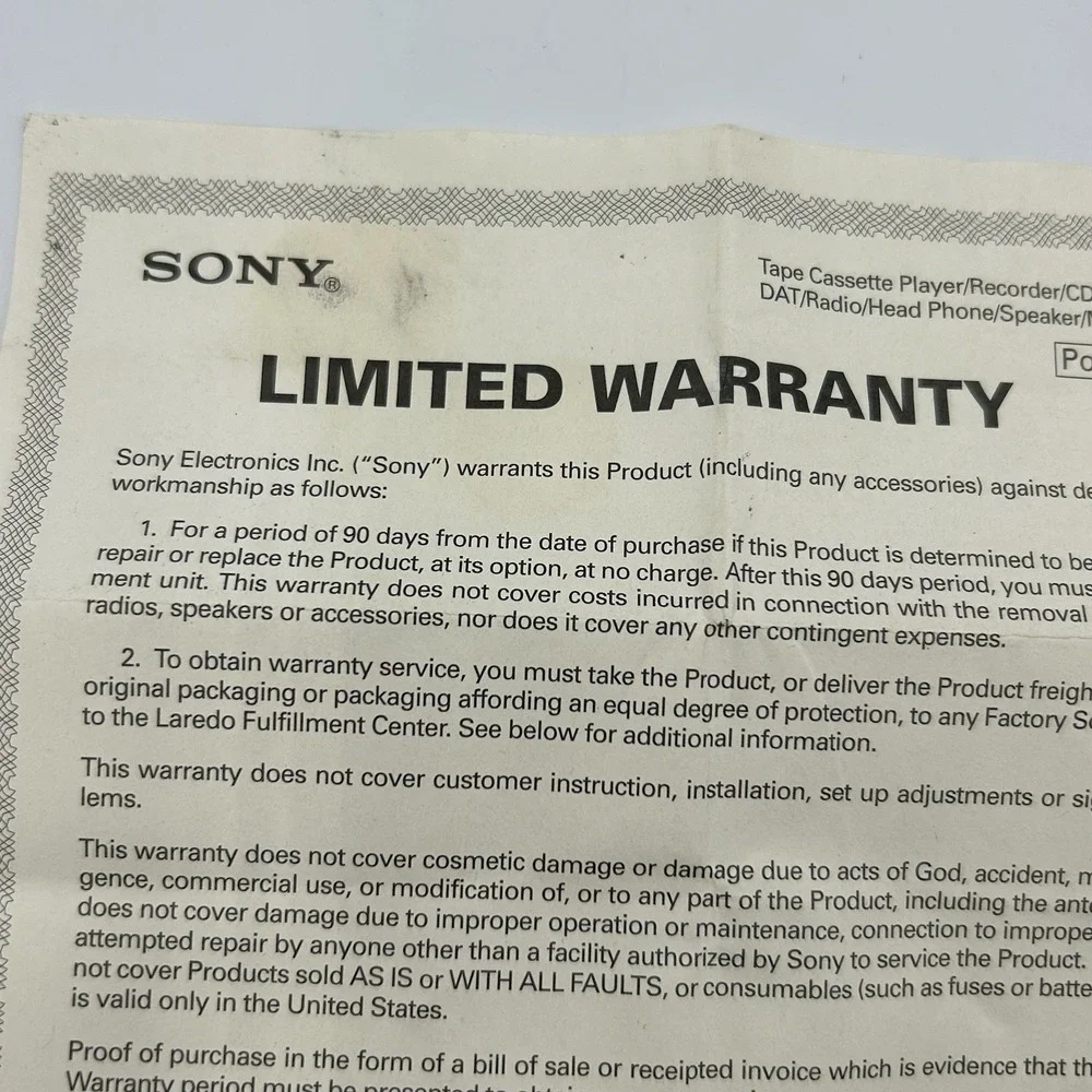 Sony Limited Warranty Certificate for Portable Audio Devices 4-557-148-34‎